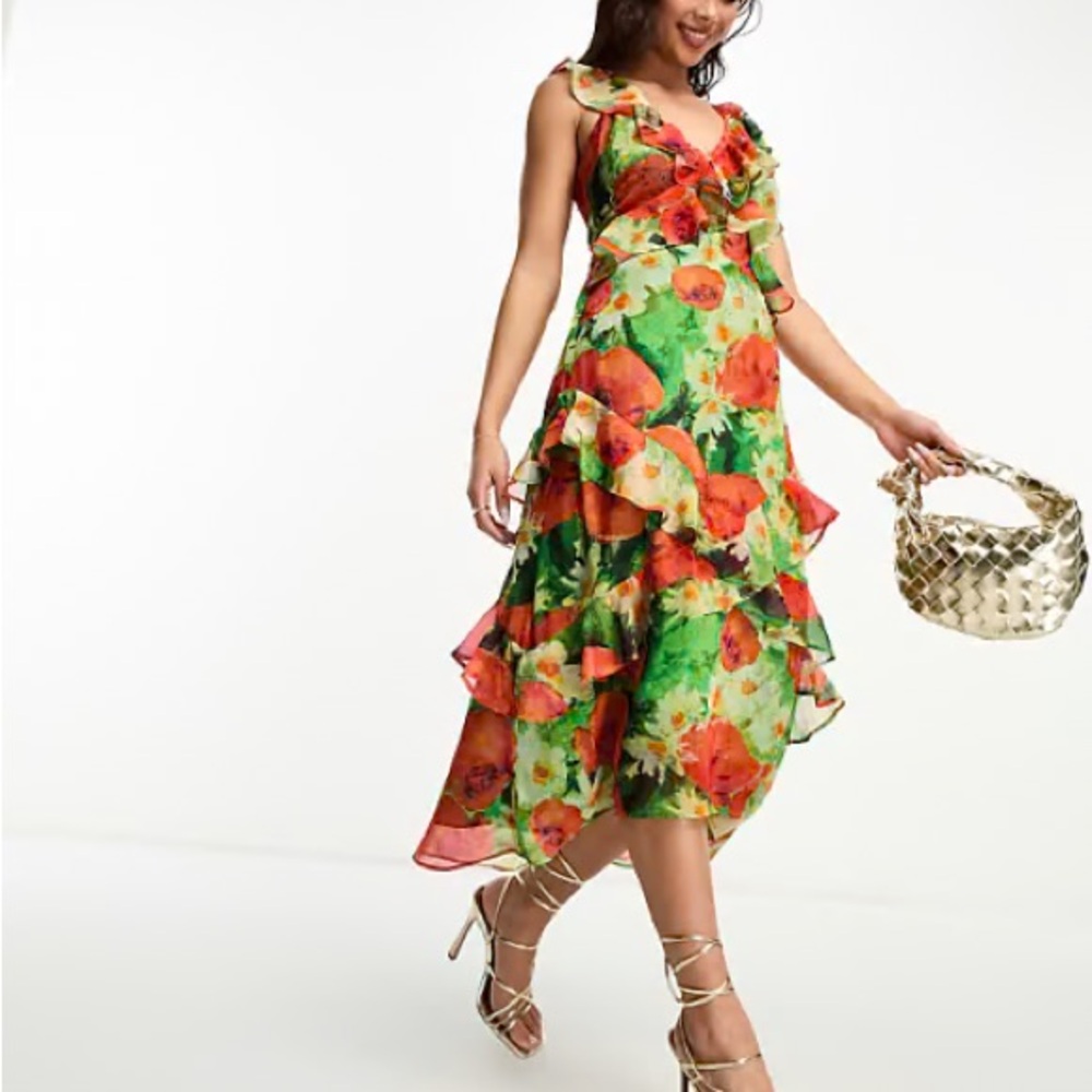 ASOS Floral Ruffle Midi Dress - Green and Red